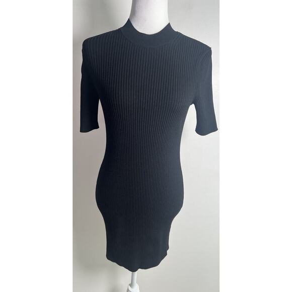 COS Womens Large Black Stretch Knit Ribbed Mock Neck Short Sleeve Mini Dress EUC - Picture 2 of 11